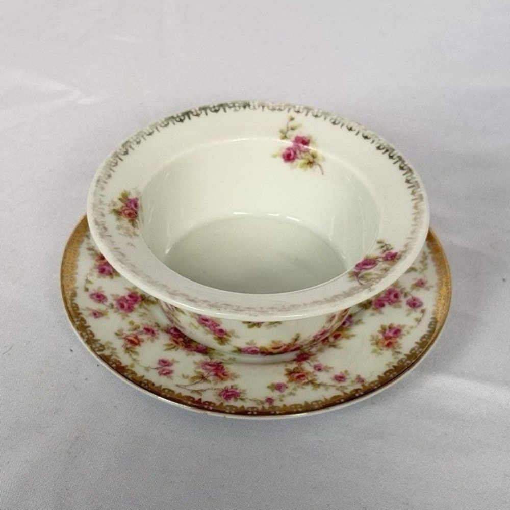 Antique MZ Austria Bridal Rose Mayonnaise Bowl & Attached Underplate